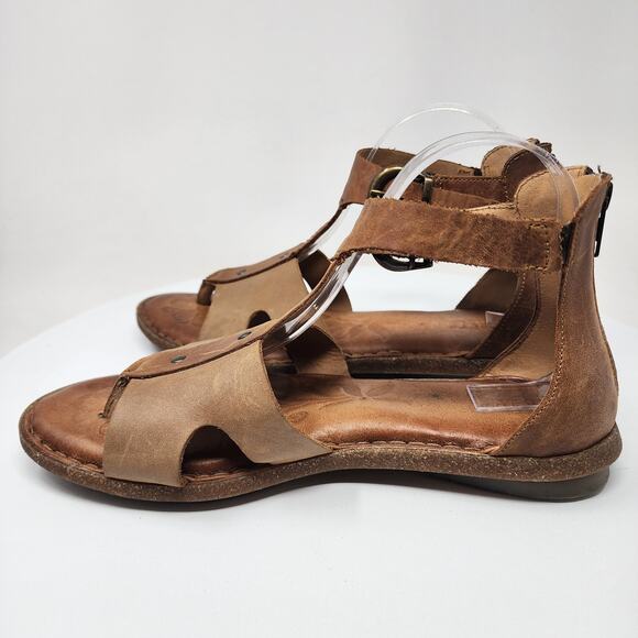 Born Timina T-strap Gladiator sandals Women 10 Tan & Natural Leather Heel Zip - Picture 7 of 13